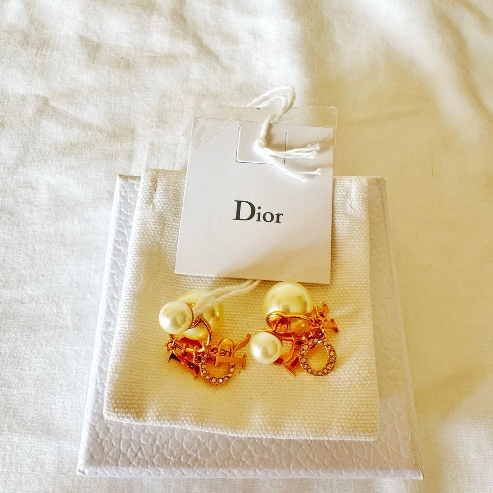 Dior Gold-Tone Faux Pearl & Crystal “DIOR” Charm Clip-On Earrings - Picture 3 of 7